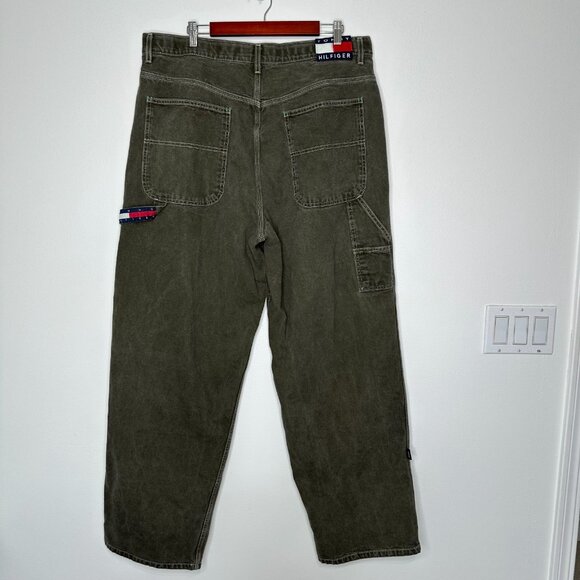 Vintage Tommy Hilfiger Baggy Carpenter Jeans Pants 38 x 32 Green Wide Leg 90s - Picture 2 of 14